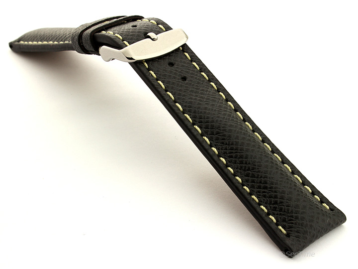 Taiga Leather Watch Strap Cross Pattern Black with White Stitching VEGA 02