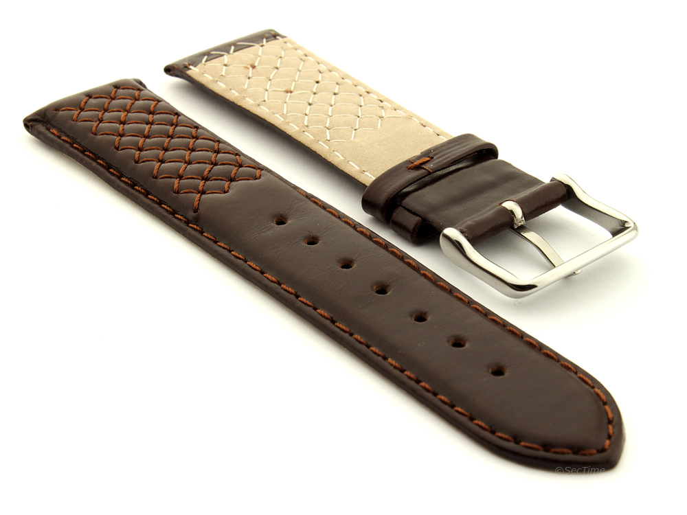 Elegant Cross Stitched Leather Watch Strap Vinci Dark Brown 02