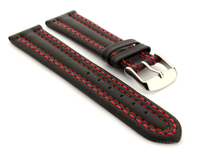 Leather Watch Strap Double Stitched Black with Red Stitching Zurich 01 01