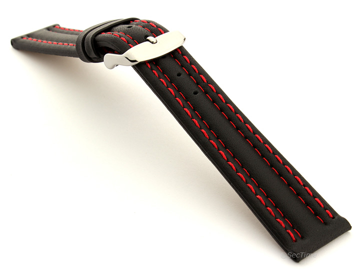 Leather Watch Strap Double Stitched Black with Red Stitching Zurich 01 02