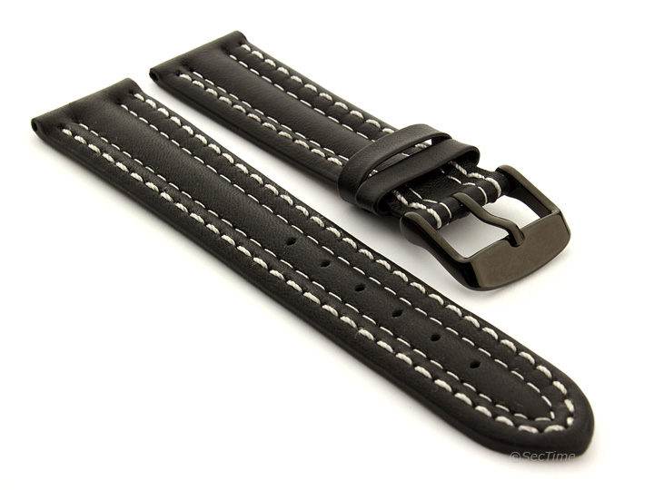 Leather Watch Strap Double Stitched Black with White Stitching Zurich 07 01