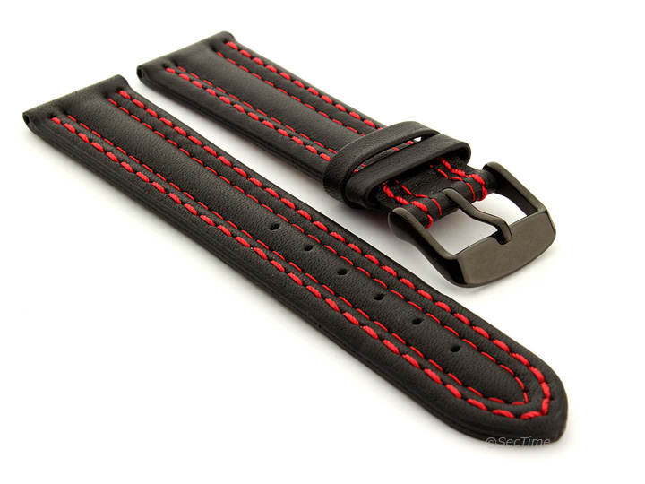 Leather Watch Strap Double Stitched Black with Red Stitching Zurich 07 01