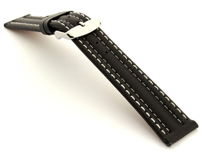 Leather Watch Strap Double Stitched Black with White Stitching Zurich 01 02