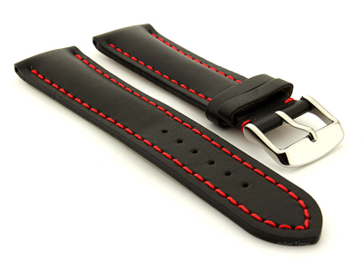 Padded Watch Strap Band CANYON Genuine Leather Black/Red 22mm