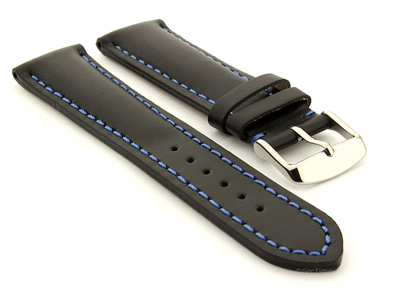 Padded Watch Strap Band CANYON Genuine Leather Black/Blue 24mm