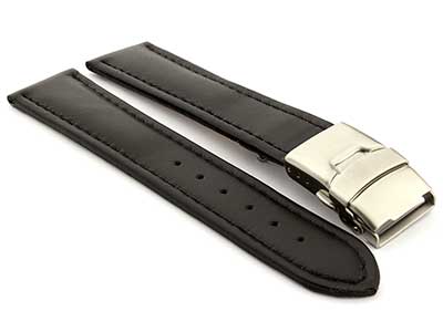 Genuine Leather Watch Strap Band Canyon Deployment Clasp Black/Black 24mm