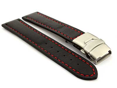 Genuine Leather Watch Strap Band Canyon Deployment Clasp Black/Red 24mm