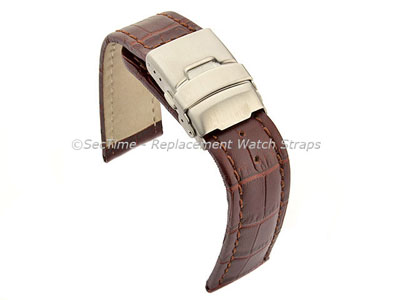 Genuine Leather Watch Band Croco Deployment Clasp Dark Brown / Brown 22mm