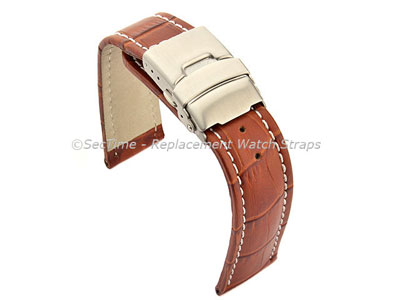 Genuine Leather Watch Band Croco Deployment Clasp Brown / White 26mm