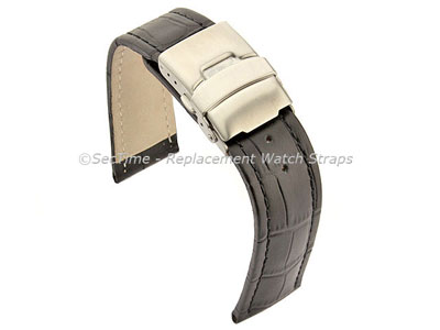 Genuine Leather Watch Strap Croco Deployment Clasp Black / Black 24mm