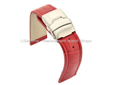 Genuine Leather Watch Band Croco Deployment Clasp Red / Red 26mm