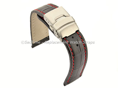 Genuine Leather Watch Strap Croco Deployment Clasp Black / Red 20mm