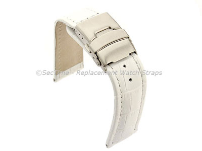Genuine Leather Watch Strap Band Croco Deployment Clasp White / White 18mm