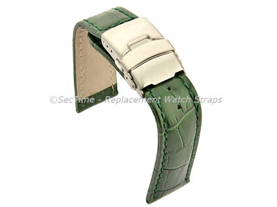 Genuine Leather Watch Strap Band Croco Deployment Clasp Glossy Green/Green 18mm