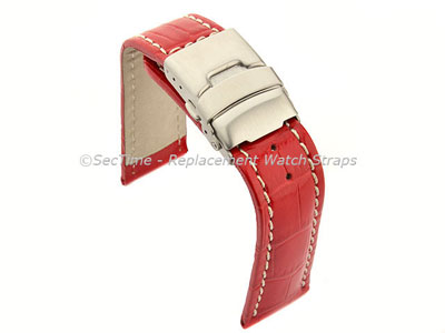 Genuine Leather Watch Band Croco Deployment Clasp Glossy Red / White 26mm