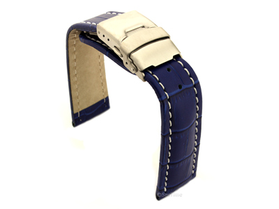 Genuine Leather Watch Strap Croco Deployment Clasp Blue / White 24mm