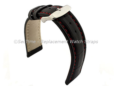 Leather Watch Strap CROCO RM Black/Red 18mm