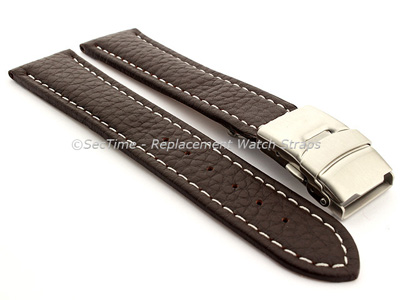 Genuine Leather Watch Strap Freiburg Deployment Clasp  Dark Brown / White 26mm