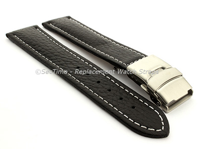 Genuine Leather Watch Strap Freiburg Deployment Clasp  Black / White 22mm