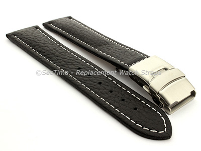 Genuine Leather Watch Strap Freiburg Deployment Clasp  Black / White 24mm