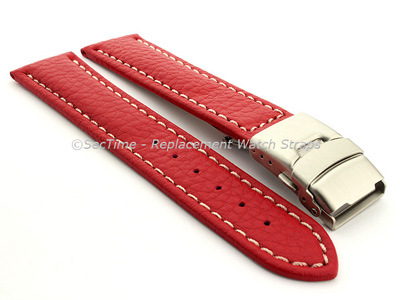 Genuine Leather Watch Strap Freiburg Deployment Clasp  Red / White 20mm