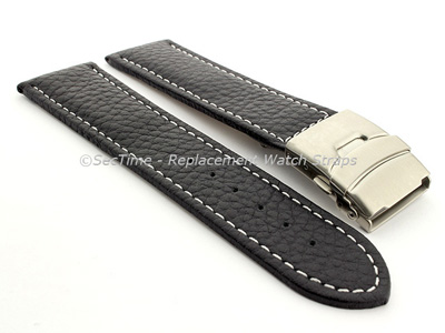 Genuine Leather Watch Strap Freiburg Deployment Clasp  Navy Blue / White 24mm