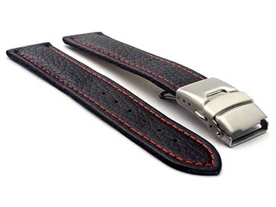 Genuine Leather Watch Strap Freiburg Deployment Clasp  Black / Red 22mm