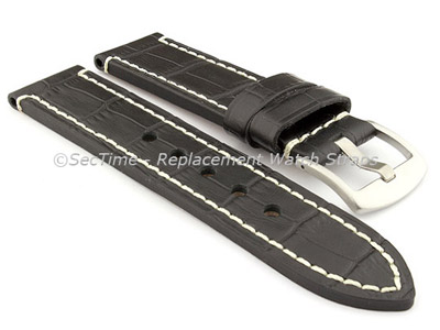 Genuine Leather Watch Strap CROCO GRAND PANOR Black/White 24mm