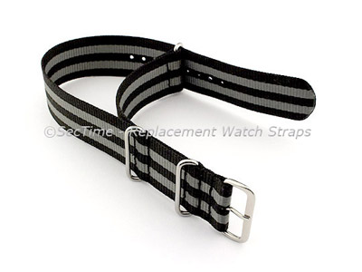 NATO G10 Watch Strap Bond-Style Military Nylon Divers Black/Grey 22mm