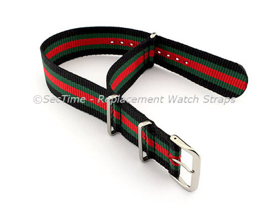 NATO G10 Watch Strap Military Nylon Divers (3 rings) Black/Green/Red 22mm