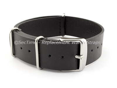 Leather NATO Watch Strap Band (3 rings) Black 24mm