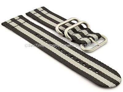 TWO-PIECE NATO Nylon Watch Strap Bond-Style Brushed Rings Black/Grey 26mm