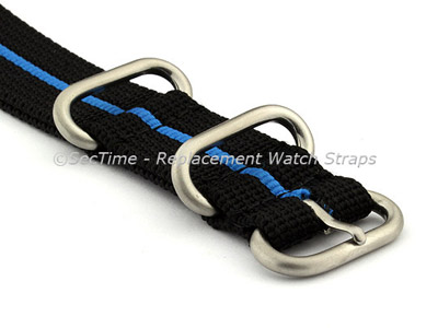 22mm Black/Blue - Nylon Watch Strap/Band Strong Heavy Duty (4/5 rings) Military