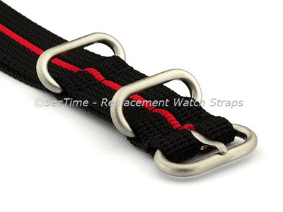 22mm Black/Red - Nylon Watch Strap / Band Strong Heavy Duty (4/5 rings) Military