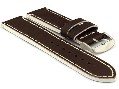 Genuine Leather Watch Band PORTO Dark Brown/White 24mm