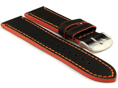 Genuine Leather Watch Band PORTO Black/Orange 22mm