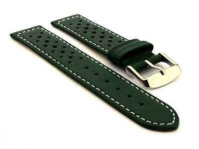22mm Dark Green/White - Genuine Leather Watch Strap / Band RIDER, Perforated