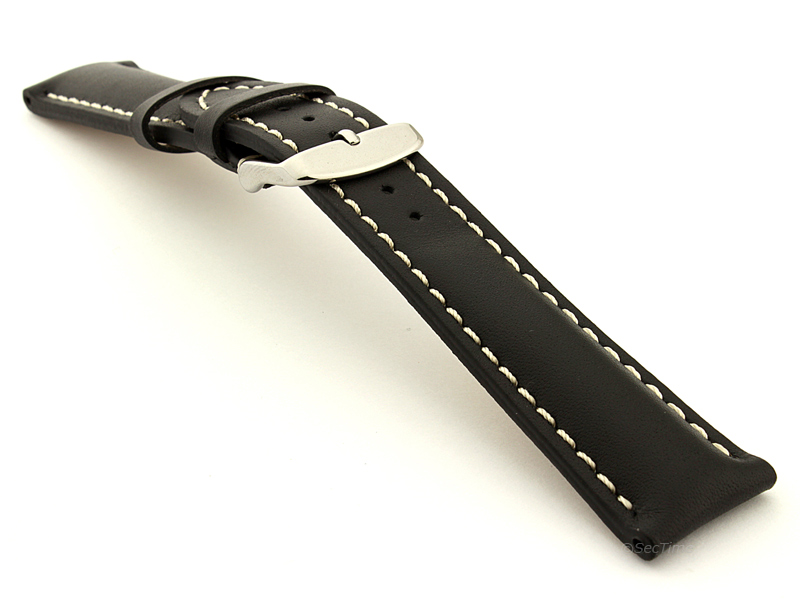 Padded Watch Strap Band CANYON Genuine Leather Black/White 24mm