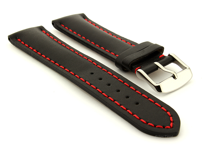 Padded Watch Strap Band CANYON Genuine Leather Black/Red 20mm