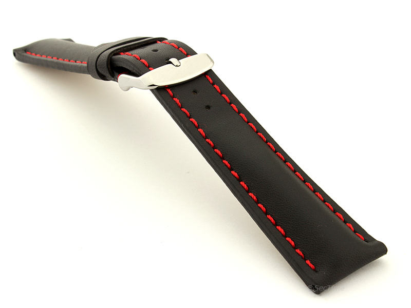 Padded Watch Strap Band CANYON Genuine Leather Black/Red 18mm