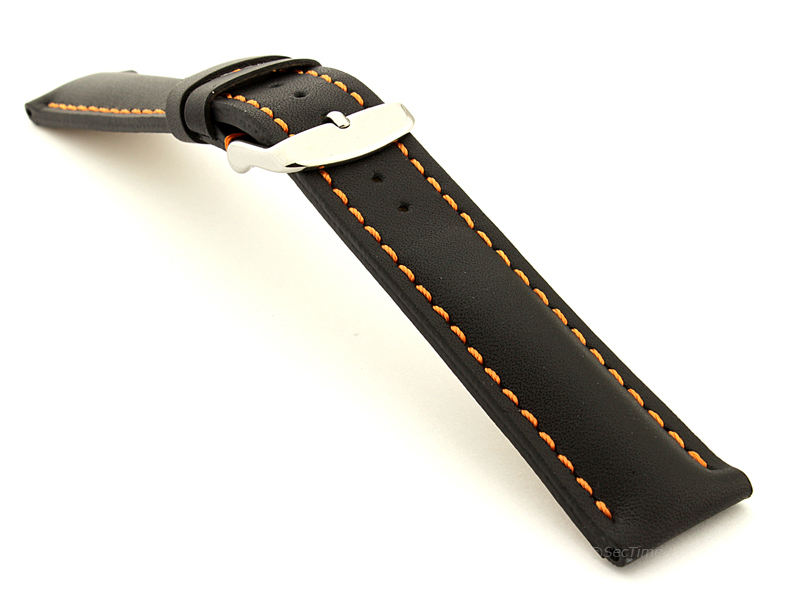 Padded Watch Strap Band CANYON Genuine Leather Black/Orange 24mm