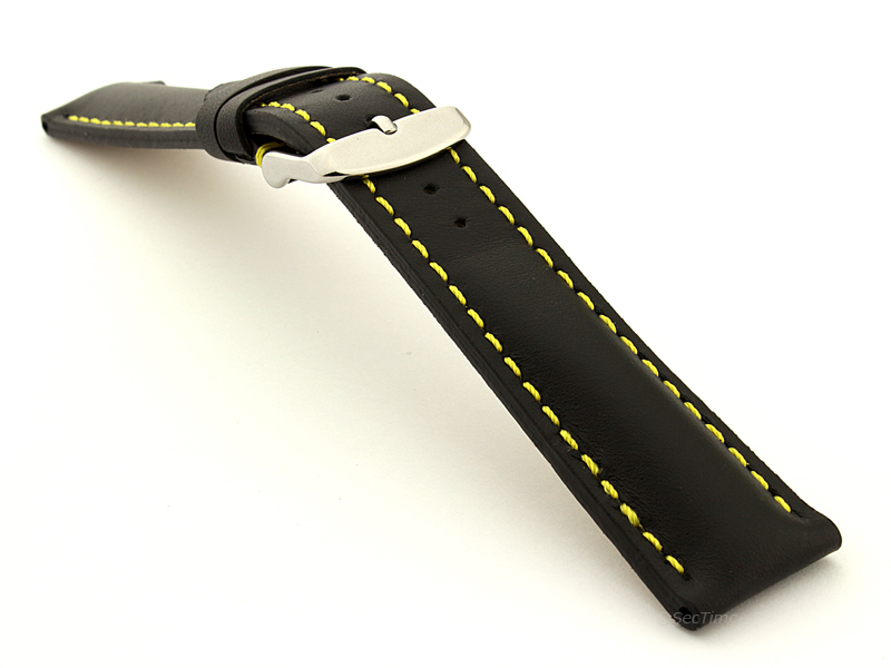 Padded Watch Strap Band CANYON Genuine Leather Black/Yellow 20mm