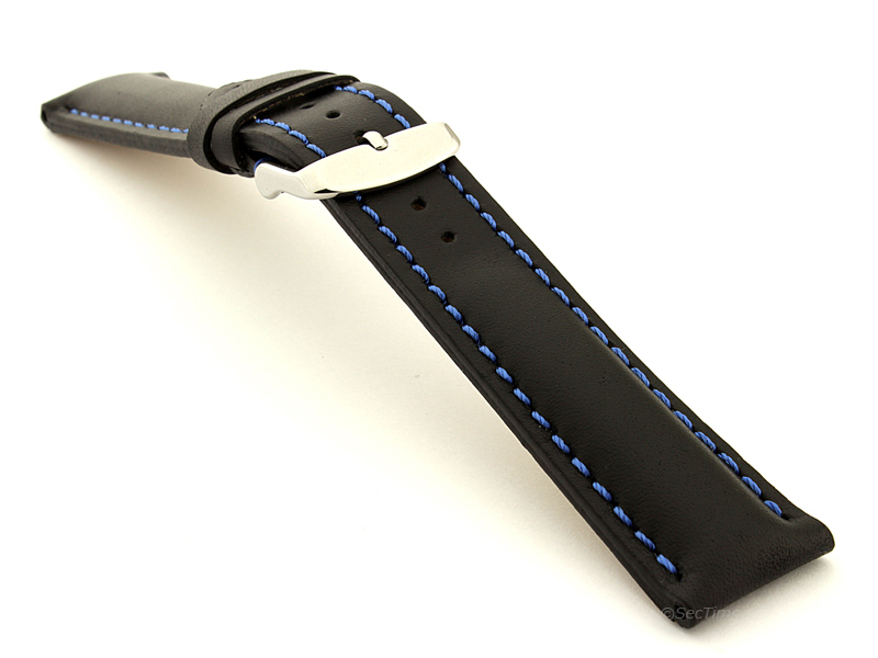 Padded Watch Strap Band CANYON Genuine Leather Black/Blue 22mm