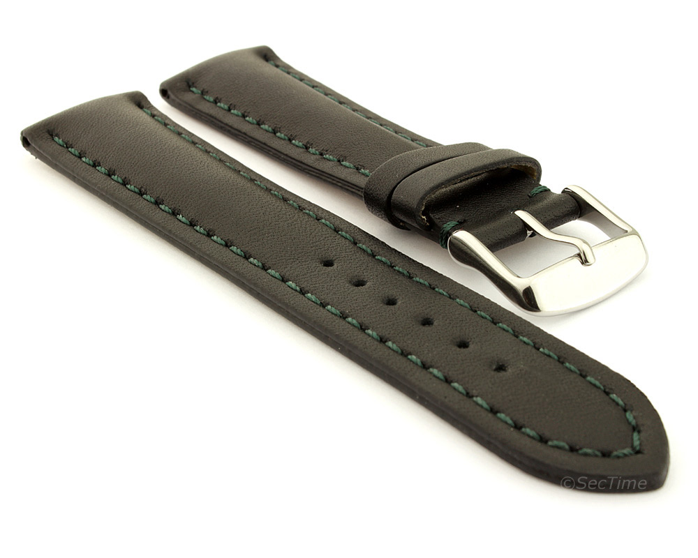 Padded Watch Strap Band CANYON Genuine Leather Black/Green 20mm