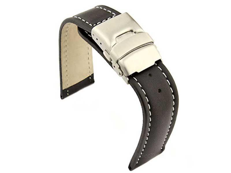 Genuine Leather Watch Strap Band Canyon Deployment Clasp Black/White 26mm