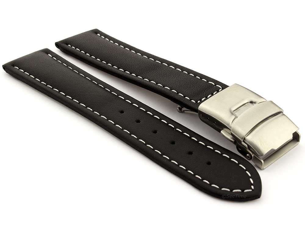 Genuine Leather Watch Strap Band Canyon Deployment Clasp Black/White 26mm