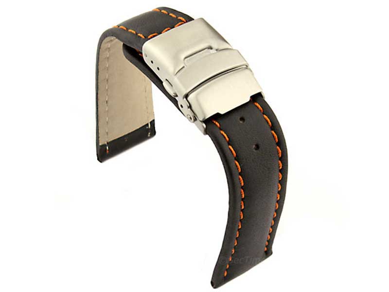 Genuine Leather Watch Strap Band Canyon Deployment Clasp Black/Orange 24mm