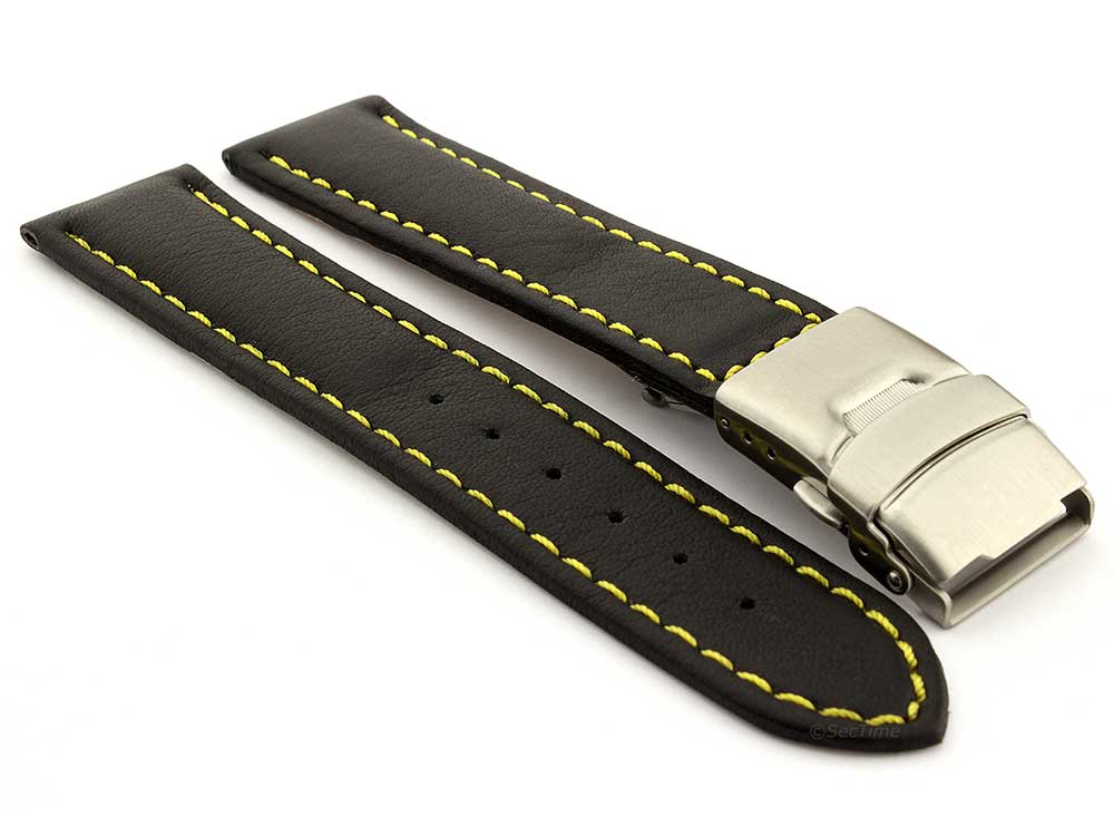 Genuine Leather Watch Strap Band Canyon Deployment Clasp Black/Yellow 24mm