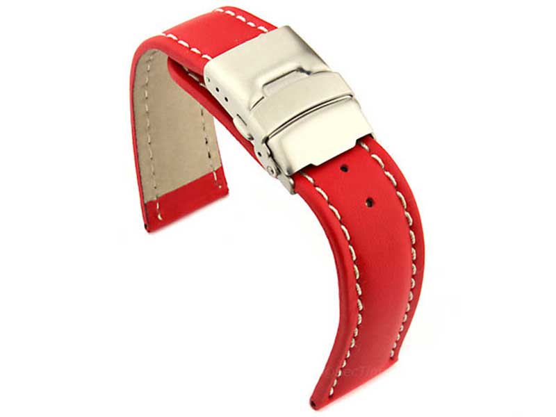 Genuine Leather Watch Strap Band Canyon Deployment Clasp Red/White 26mm