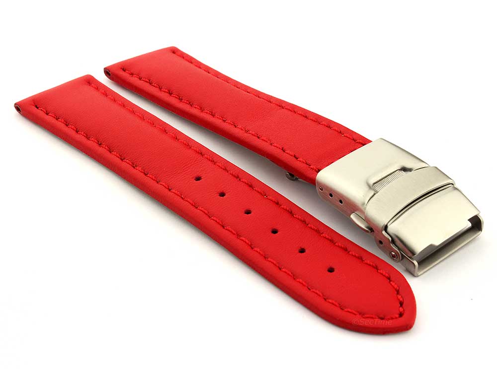Genuine Leather Watch Strap Band Canyon Deployment Clasp Red/Red 18mm